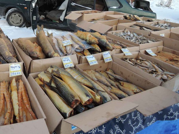 На тюменской продовольственной ярмарке представлен широкий выбор замороженной и копченой рыбы