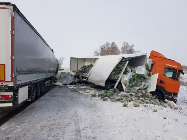 На трассе Тюмень – Омск в лобовом ДТП столкнулись две фуры Scania