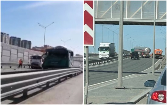 На объездной в Тюмени два грузовика перекрыли проезд