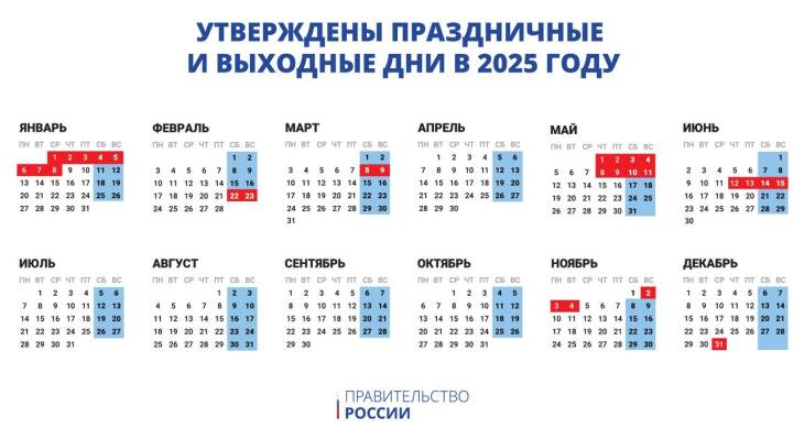 Утвержден календарь рабочих и праздничных дней в России на 2025 год 