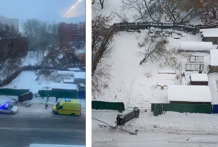 В Тюмени на улице Холодильной автомобиль сбил дорожный указатель и протаранил забор