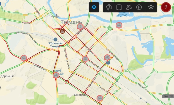 В первый рабочий день пробки в Тюмени достигли 9 баллов