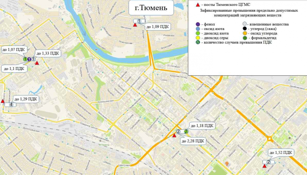 Схема из доклада об экологической ситуации в Тюменской области в 2025 году: зарегистрированные случаи превышения ПДК контролируемых веществ на постах государственной наблюдательной сети г. Тюмень, 2025 г.